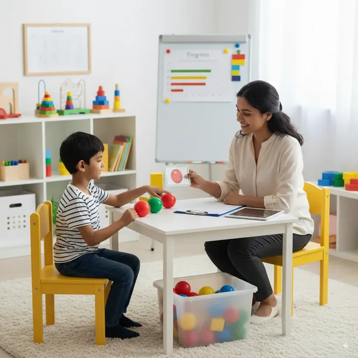 Therapist working with a child at The Outcomes ABA Chennai